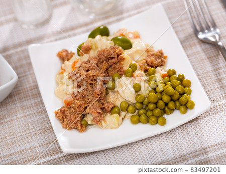 Traditional Spanish salad with tuna, olives and egg Traditional Spanish salad with tuna, olives and egg 83497201