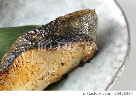 A bird's-eye view of the grilled sablefish Saikyo-yaki with a white background that looks delicious with fat on it 83498384