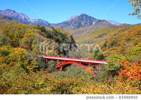 八岳、秋葉和在晴朗的秋日里捕捉到的紅色拱橋!東澤橋的秋景 八岳、秋葉和在晴朗的秋日里捕捉到的紅色拱橋!東澤橋的秋景 83498950