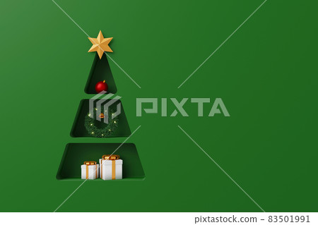 Background shelf christmas tree shape with gift box and decorate element on luxury green background Background shelf christmas tree shape with gift box and decorate element on luxury green background 83501991