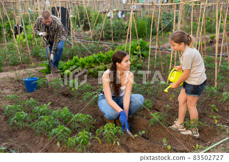 Woman with little girl watering plants in garden closeup Woman with little girl watering plants in garden closeup 83502727