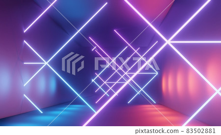 3d render of RGB neon light on darkness background. Abstract Laser lines show at night. Ultraviolet spectrum beam scene 83502881