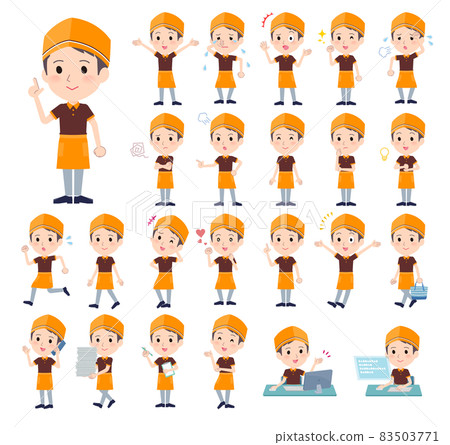 A set of fast food clerk men who express various emotions A set of fast food clerk men who express various emotions 83503771