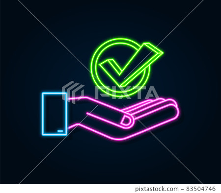 Check mark neon icon hanging over hands. Green approved star sticker on white background. Vector stock illustration. 83504746