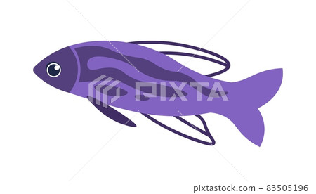 Cartoon fish. Doodle ocean cute animal. Violet marine swimming creature. Isolated aquarium element template. Aquatic pet with purple scales and fins. Vector underwater exotic fauna Cartoon fish. Doodle ocean cute animal. Violet marine swimming creature. Isolated aquarium element template. Aquatic pet with purple scales and fins. Vector underwater exotic fauna 83505196