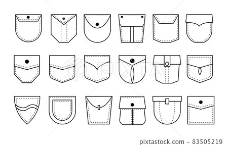 Pocket icon. Denim clothes patch with flaps and buttons. Seam on jeans bag line graphic collection. Pants or shirt pouches with decorative stitches. Vector casual garment elements set Pocket icon. Denim clothes patch with flaps and buttons. Seam on jeans bag line graphic collection. Pants or shirt pouches with decorative stitches. Vector casual garment elements set 83505219