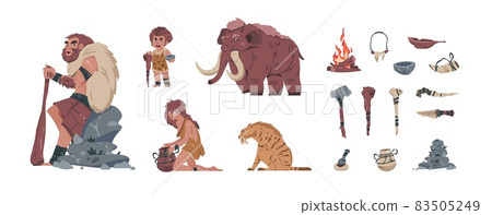Primitive men. Cartoon prehistoric family with ancient stone and bone tools. Weapon and animals. Mammoth and saber-toothed tiger. Savage parents with boy. Vector Neanderthal people set Primitive men. Cartoon prehistoric family with ancient stone and bone tools. Weapon and animals. Mammoth and saber-toothed tiger. Savage parents with boy. Vector Neanderthal people set 83505249