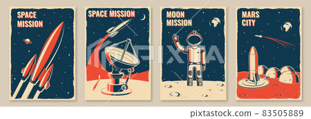 Mars city and space mission posters, banners, flyers. Vector Concept for shirt, print, stamp. Vintage typography design with space rocket, astronaut on the moon and city on mars silhouette. 83505889
