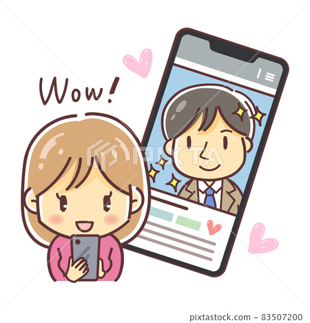 Illustration of a woman discovering a nice man on SNS / matching app 83507200