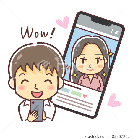Illustration of a man discovering a nice woman on SNS / matching app 83507202