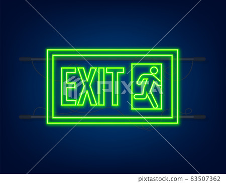 Emergency exit sign. Protection symbol. Fire icon. Neon style. Vector illustration 83507362