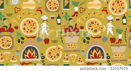 Pizzeria Seamless Pattern Background. Pizza Make and Delivery design elements Pizzeria Seamless Pattern Background. Pizza Make and Delivery design elements 83507670