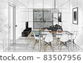 Computer generated image of a living room. Sketch style 3D rendering 83507956