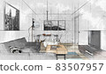 Computer generated image of a living room. Sketch style 3D rendering 83507957