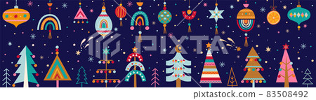 Christmas horizontal banner,hand drawn trees,balls Christmas horizontal banner,hand drawn trees,balls 83508492