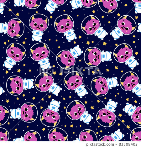 Cute purple astronaunt flying around in space, seamless pattern on dark backgrounf with stars and constellations Cute purple astronaunt flying around in space, seamless pattern on dark backgrounf with stars and constellations 83509402