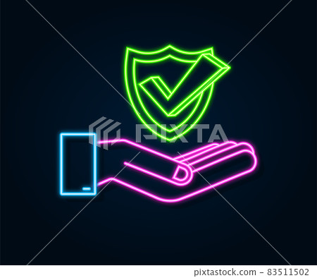 Check mark neon hanging over hands. Green approved star sticker on white background. Vector stock illustration. 83511502