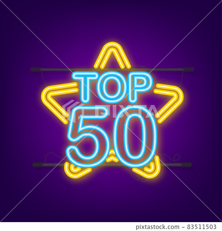 Top 50 - Top Ten gold with blue neon label on black background. Vector illustration 83511503