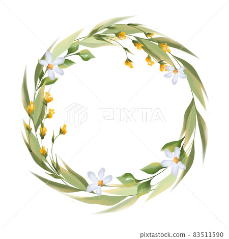 Green floral wreath of grass, leaves and flowers 83511590