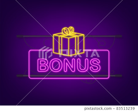 Bonus for promotion design. Neon icon. Discount banner promotion template. Web template for marketing promo design. Vector stock illustration 83513239