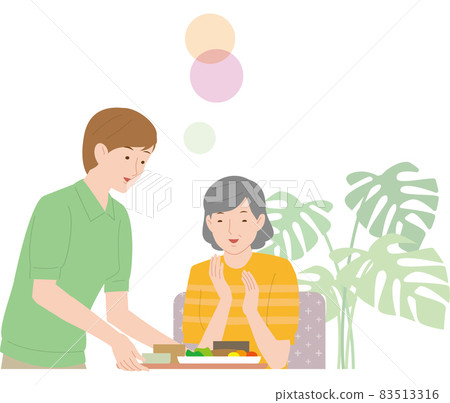 A female caregiver giving food to an elderly woman. Vector illustration A female caregiver giving food to an elderly woman. Vector illustration 83513316