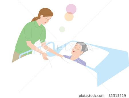 A female caregiver who takes care of an elderly man sleeping in bed. Vector illustration 83513319