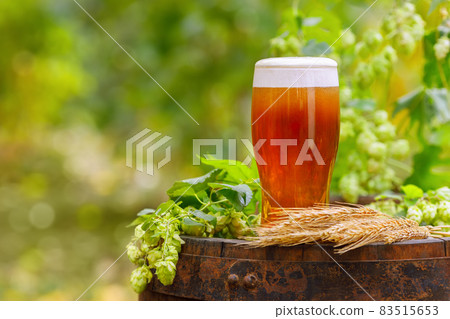 glass of beer with wheat ears and hop cones 83515653