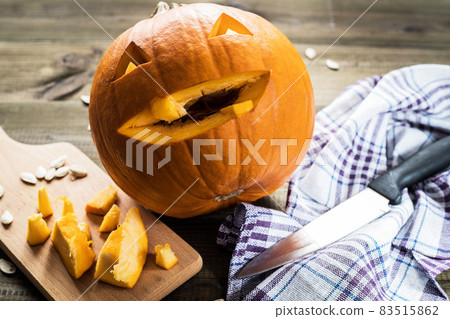 Halloween Jack-o-lantern carved pumpkin. Making backstage. Halloween Jack-o-lantern carved pumpkin. Making backstage. 83515862