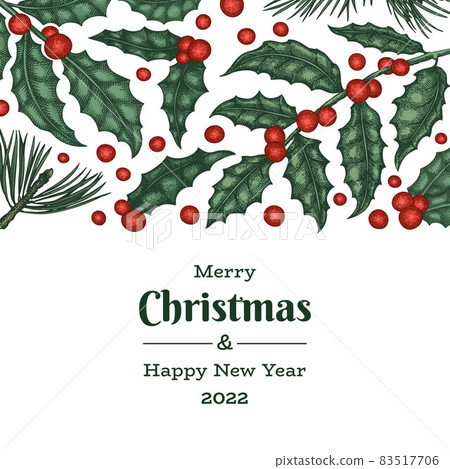 Christmas hand drawn vector greeting card design template. Vintage style botanical illustration. Winter plants xmas banner. Christmas hand drawn vector greeting card design template. Vintage style botanical illustration. Winter plants xmas banner. 83517706