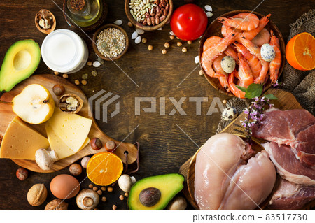Balanced food background. Protein foods, fruits, juice and vegetables on a rustic wooden background. Healthy eating and diet concept. Top view flat lay background. Free space for your text. Balanced food background. Protein foods, fruits, juice and vegetables on a rustic wooden background. Healthy eating and diet concept. Top view flat lay background. Free space for your text. 83517730