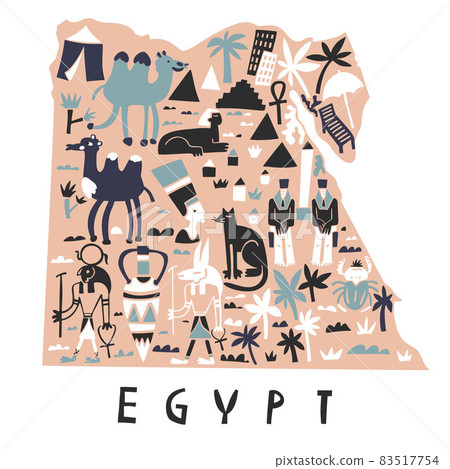 Vector hand drawn stylized map of Egypt. Travel illustration of Arab Republic of Egypt shape. Hand drawn lettering illustration. Africa map element with landmarks 83517754