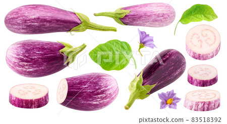 Pieces of raw purple aubergine and whole fruits , leaves and flowers isolated on white background 83518392