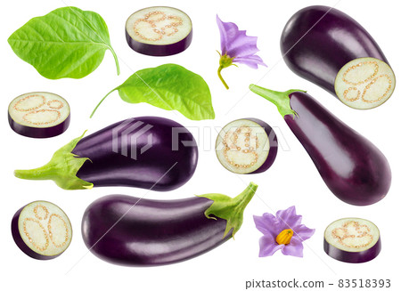 Isolated aubergine collection. Pieces of eggplants and whole fruits, leaves and flowers isolated on white background Isolated aubergine collection. Pieces of eggplants and whole fruits, leaves and flowers isolated on white background 83518393