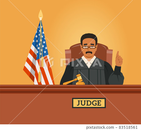 Judge black man in courtroom at tribunal with gavel and American flag points finger up pronouncing judgment. Judicial cartoon background. Civil and criminal cases public trial. Flat vector concept Judge black man in courtroom at tribunal with gavel and American flag points finger up pronouncing judgment. Judicial cartoon background. Civil and criminal cases public trial. Flat vector concept 83518561