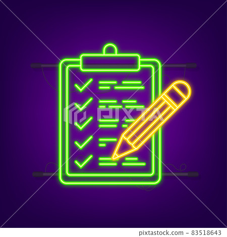 Clipboard with checklist icon. Neon icon. Clipboard with checklist icon for web. Vector illustration Clipboard with checklist icon. Neon icon. Clipboard with checklist icon for web. Vector illustration 83518643