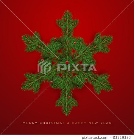 Realistic snowflake made of pine branches decorated with red balls. Christmas concept. New year card illustration on red background Realistic snowflake made of pine branches decorated with red balls. Christmas concept. New year card illustration on red background 83519383
