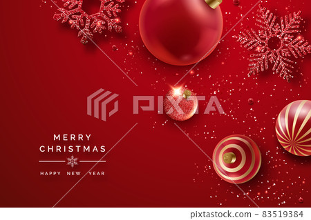 Christmas background with shining snowflakes, confetti and colorful balls. New year and Christmas card illustration on red background Christmas background with shining snowflakes, confetti and colorful balls. New year and Christmas card illustration on red background 83519384