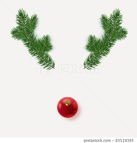 Reindeer face made of red Christmas ball and evergreen pine on light background. Minimalist Christmas concept Reindeer face made of red Christmas ball and evergreen pine on light background. Minimalist Christmas concept 83519385
