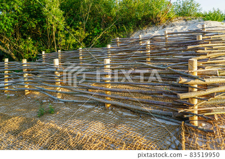 a new wooden branch barrier to protect the beach infrastructure from the movement of the sand dunes a new wooden branch barrier to protect the beach infrastructure from the movement of the sand dunes 83519950