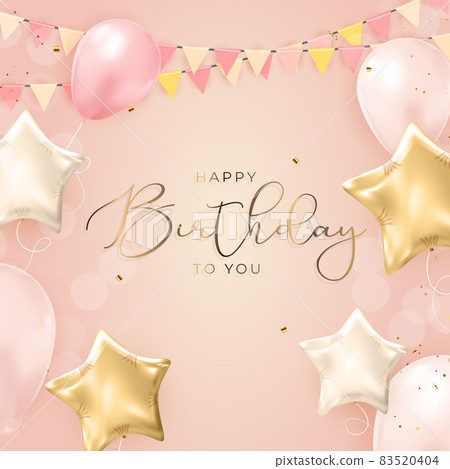 Happy Birthday congratulations banner design with Confetti, Balloons and Glossy Glitter Ribbon for Party Holiday Background. Vector Illustration Happy Birthday congratulations banner design with Confetti, Balloons and Glossy Glitter Ribbon for Party Holiday Background. Vector Illustration 83520404