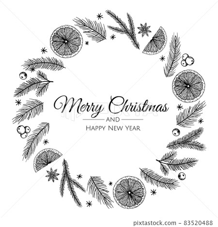 Merry Christmas and New Year Card with Pine Wreath, Mistletoe, Winter plants design illustration for greetings, invitation, flyer, brochure. 83520488