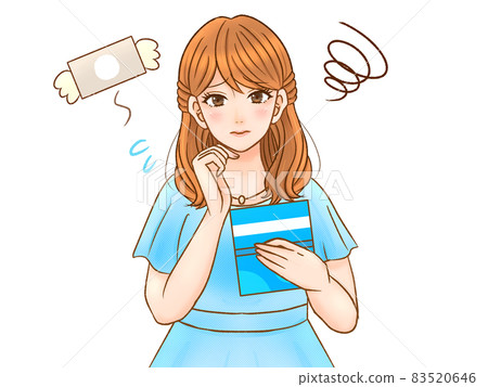 Illustration material of a woman who has trouble looking at a passbook 83520646