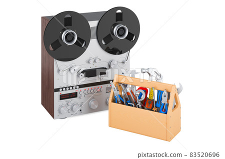 Tape recorder with toolbox. Repair and service of retro reel-to-reel tape recorder, 3D rendering Tape recorder with toolbox. Repair and service of retro reel-to-reel tape recorder, 3D rendering 83520696
