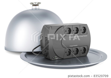 Restaurant cloche with UPS uninterruptible power supply. 3D rendering Restaurant cloche with UPS uninterruptible power supply. 3D rendering 83520709