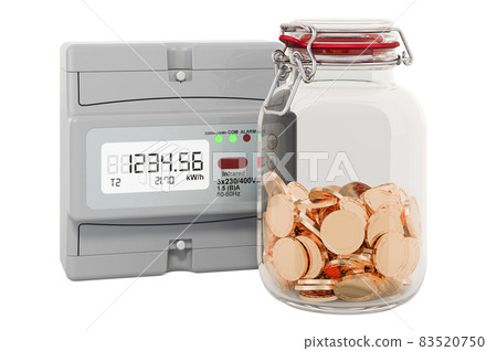 Electric meter with glass jar full of golden coins, 3D rendering Electric meter with glass jar full of golden coins, 3D rendering 83520750