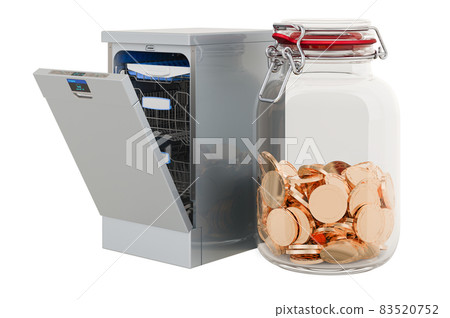 Dishwasher with glass jar full of golden coins, 3D rendering Dishwasher with glass jar full of golden coins, 3D rendering 83520752