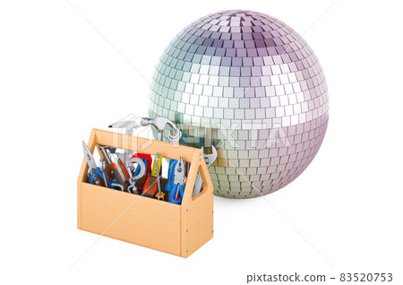 Disco ball with toolbox. Mirror disco ball with screwdriver and wrench. 3D rendering Disco ball with toolbox. Mirror disco ball with screwdriver and wrench. 3D rendering 83520753