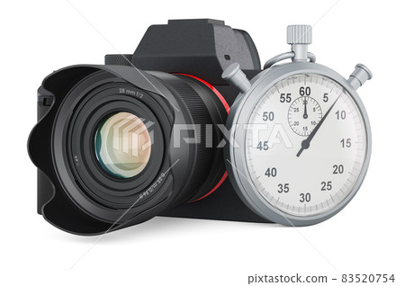 Digital camera with stopwatch, 3D rendering Digital camera with stopwatch, 3D rendering 83520754