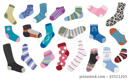 Cotton and woolen socks. Stylish clothing items. Vector knitwear trendy sock collection Cotton and woolen socks. Stylish clothing items. Vector knitwear trendy sock collection 83521203