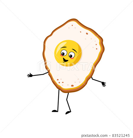 Cute character scrambled eggs with yolk and protein, with joyful emotions, happy face, smile, eyes, arms and legs. Fun food for breakfast. Vector flat illustration Cute character scrambled eggs with yolk and protein, with joyful emotions, happy face, smile, eyes, arms and legs. Fun food for breakfast. Vector flat illustration 83521245